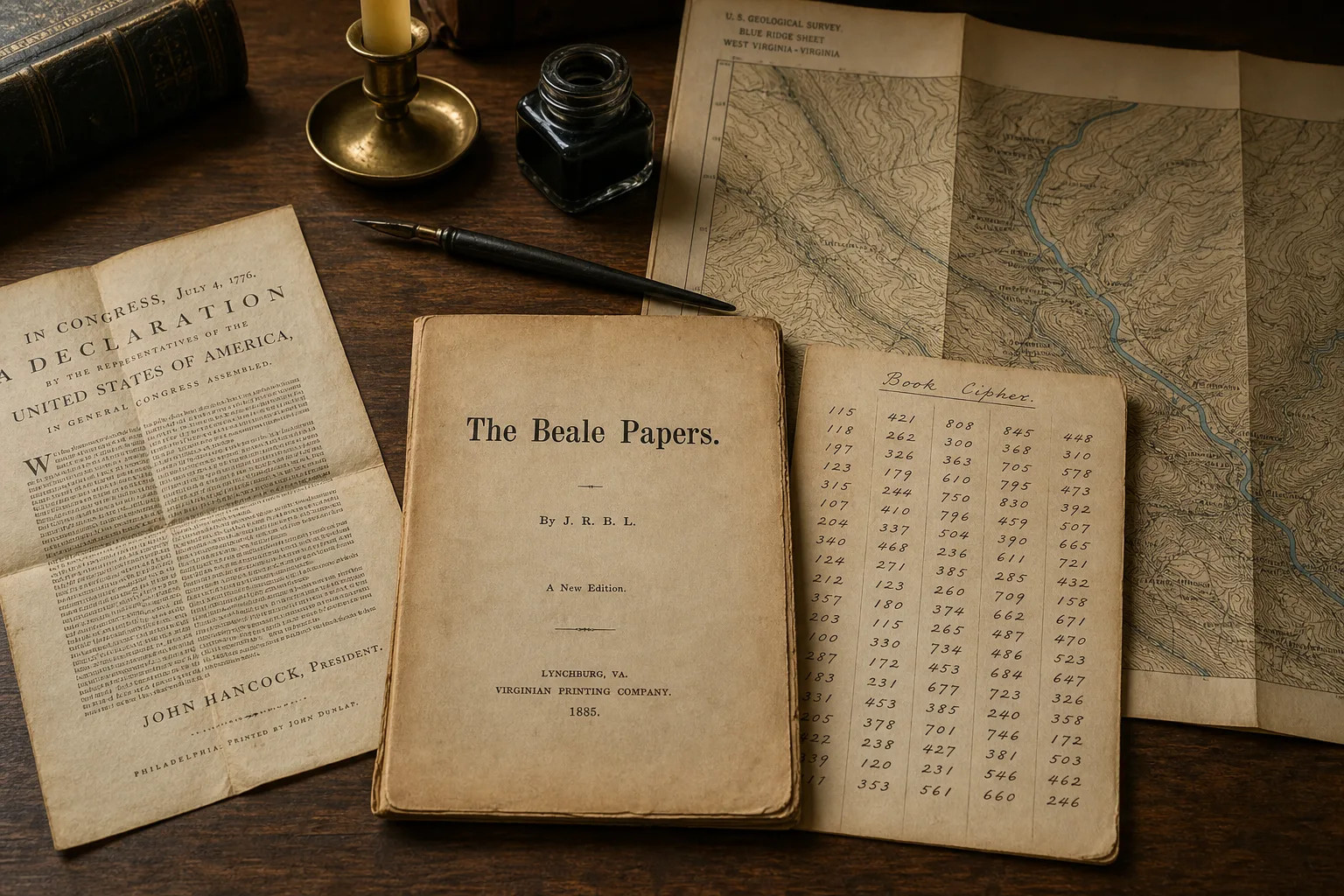 Still life of an 1885 pamphlet, columns of handwritten cipher numbers, a worn Declaration of Independence, and a topographic map of a Blue Ridge creek valley on a walnut desk.