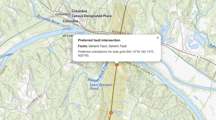 VAGoldMaps topo map near Columbia, Virginia, with Preferred faults highlighted, orange preferred fault intersection markers, and a popup listing preferred orientations for lode gold.