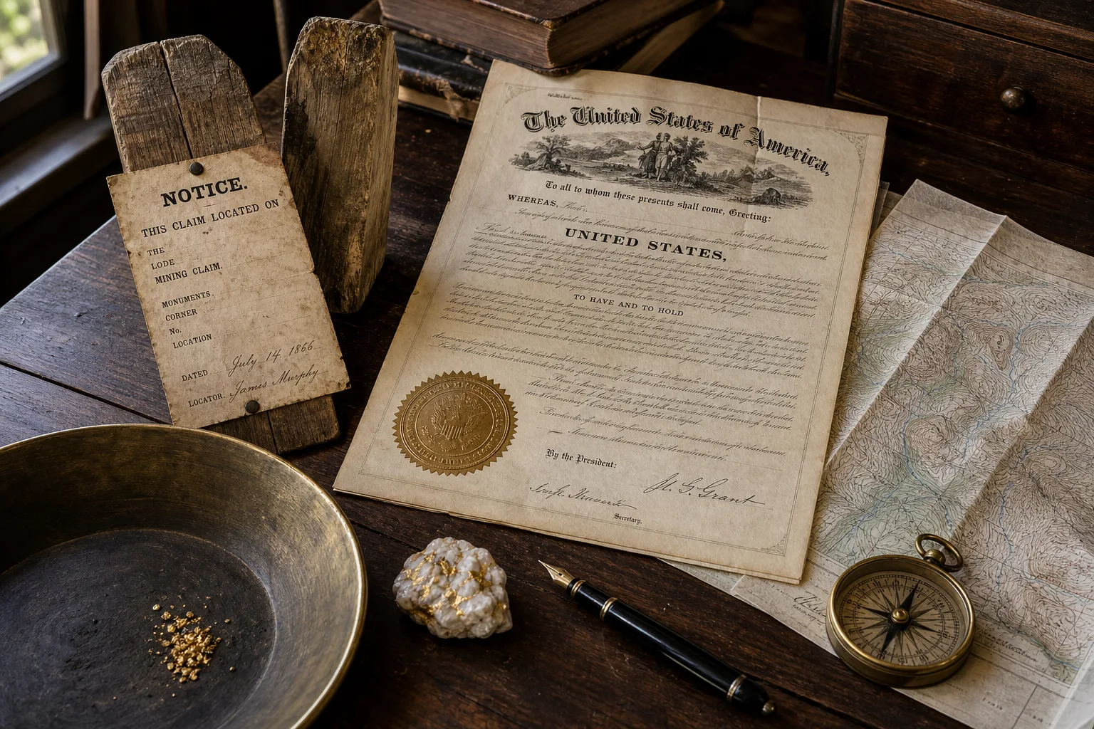 Still life of wooden mining-claim posts, a yellowed U.S. mineral patent, a gold pan, quartz with visible gold, a compass, and a folded topographic map on a walnut desk.