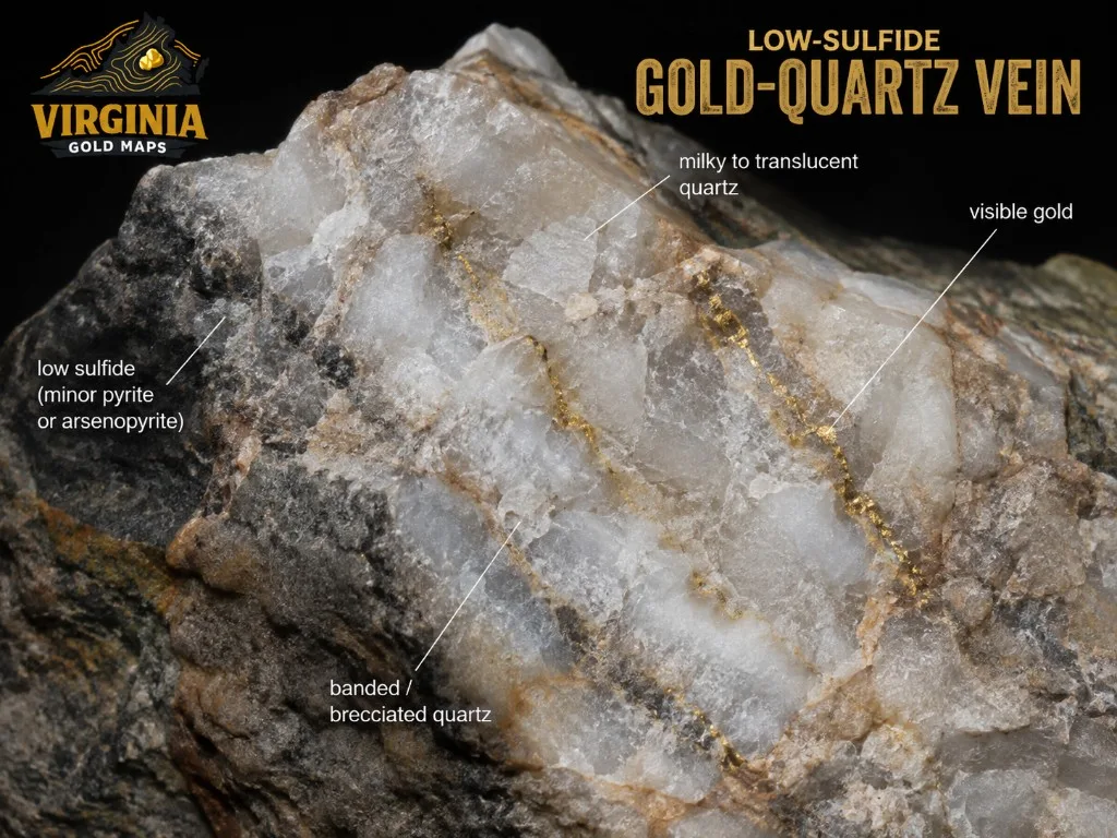 Labeled low-sulfide gold-quartz vein specimen: dark host rock with minor pyrite, milky to translucent quartz, banded or brecciated quartz, and visible gold in fractures.