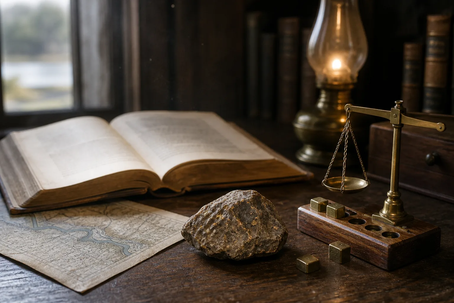 Still life of a gold-specked ore lump, brass pennyweight scale, and an 18th-century book on a walnut desk, standing in for Jefferson's Rappahannock specimen.