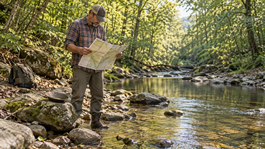 A prospector standing in a shallow woodland creek, wearing a plaid shirt, olive cargo pants, brown boots, and a baseball cap, studying a folded map. A backpack and gold pan sit on a mossy rock at the water's edge.