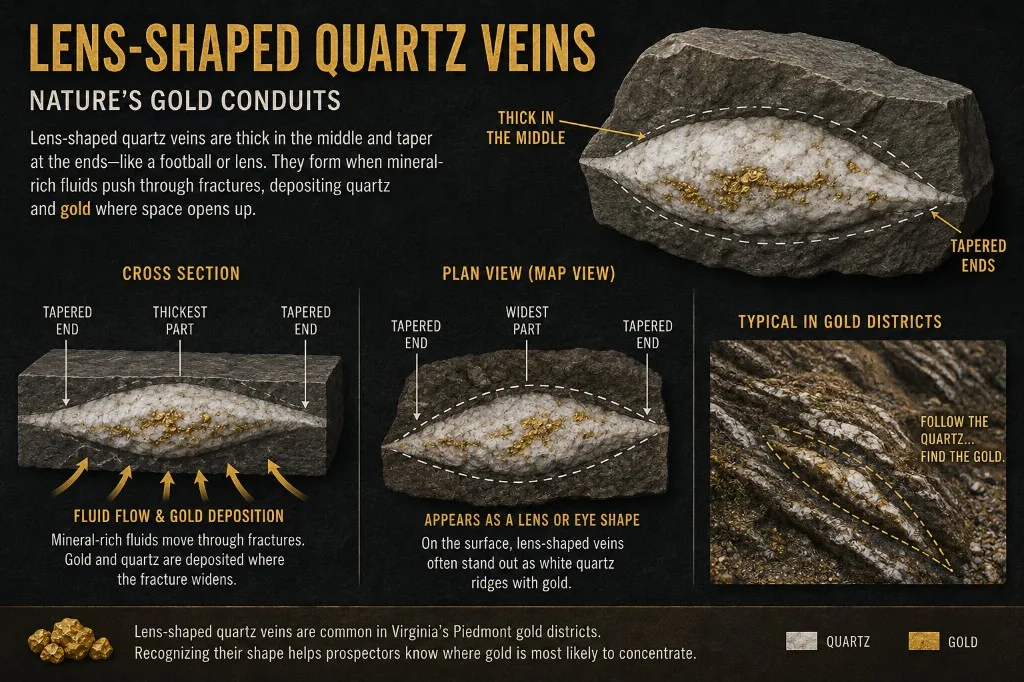 Diagram of a lens-shaped quartz vein: thick in the middle, tapered ends, with cross section, plan view, and field appearance labeled for Virginia Piedmont gold districts.