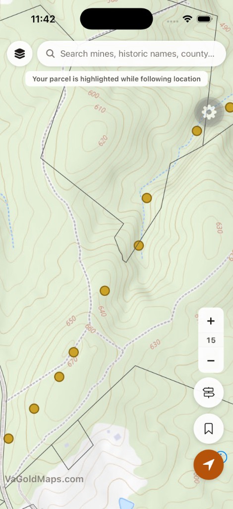 VAGoldMaps USGS topo view with contour lines, parcel boundaries, blue stream overlays, and historic gold mine markers along a wooded drainage.