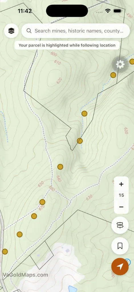 VAGoldMaps USGS topo view with contour lines, parcel boundaries, blue stream overlays, and historic gold mine markers along a wooded drainage.