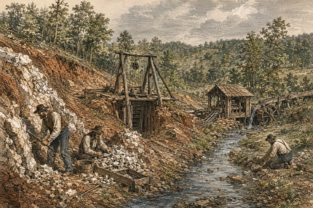Colorized 19th-century scene of Virginia gold work: miners picking a quartz vein, panning a creek, and a water-powered stamp mill by a wooden headframe