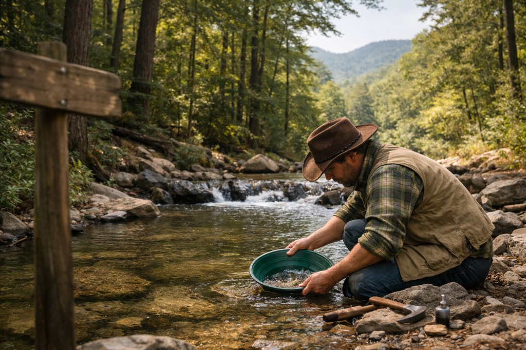 Prospector kneeling at a clear forest stream, gold pan in the water, rocky bank with tools and soft-focus trees and hills beyond.