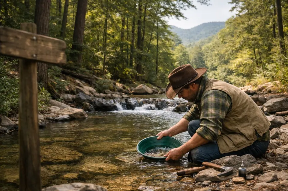 Prospector kneeling at a clear forest stream, gold pan in the water, rocky bank with tools and soft-focus trees and hills beyond.