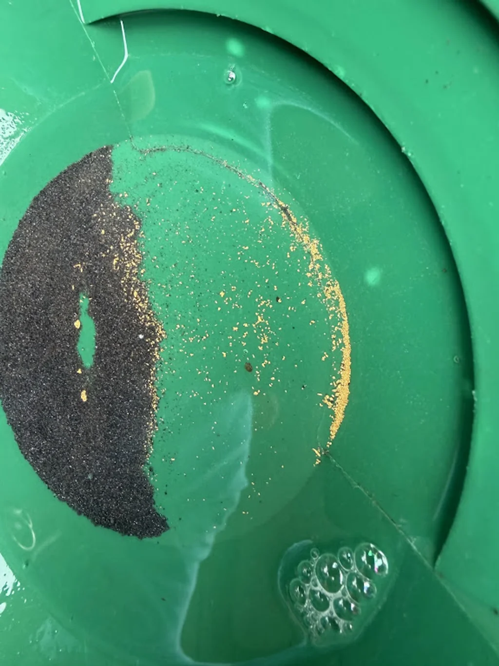 Green gold pan with black sand on the left and gold flakes on the right
