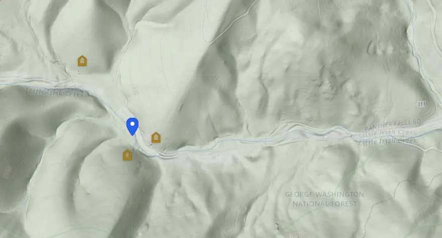 VAGoldMaps LiDAR hillshade over Little Irish Creek in George Washington National Forest, with topo contours, blue stream line, and terrain ridges visible without tree canopy.