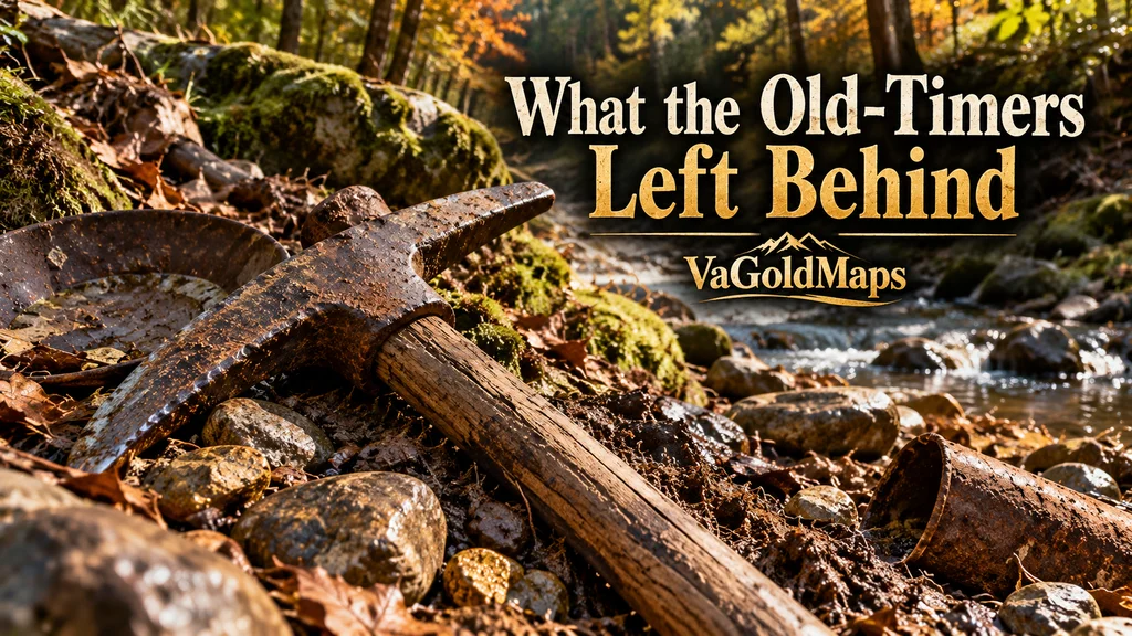 Old rusty pick and shovel on rocks beside a Virginia creek