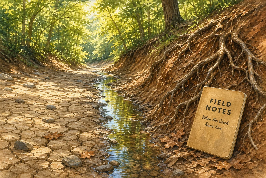 A watercolor painting of a sunlit forest with a dry, cracked creek bed. A small stream of water trickles through the center, and a Field Notes notebook titled When the Creek Runs Low leans against a dirt bank on the right.