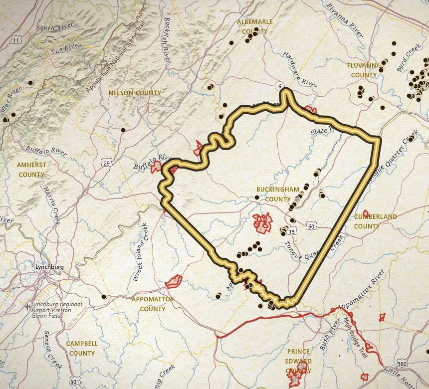 VaGoldMaps topo of Buckingham County, Virginia, with the county outlined in gold and historic gold inventory pins