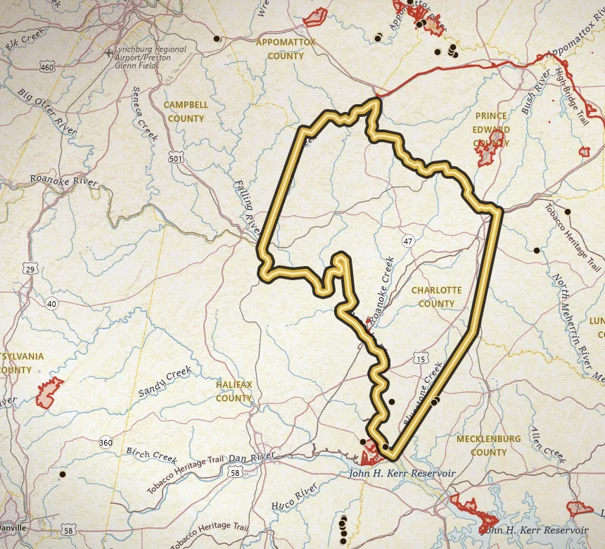 VaGoldMaps topo of Charlotte County, Virginia, with the county outlined in gold