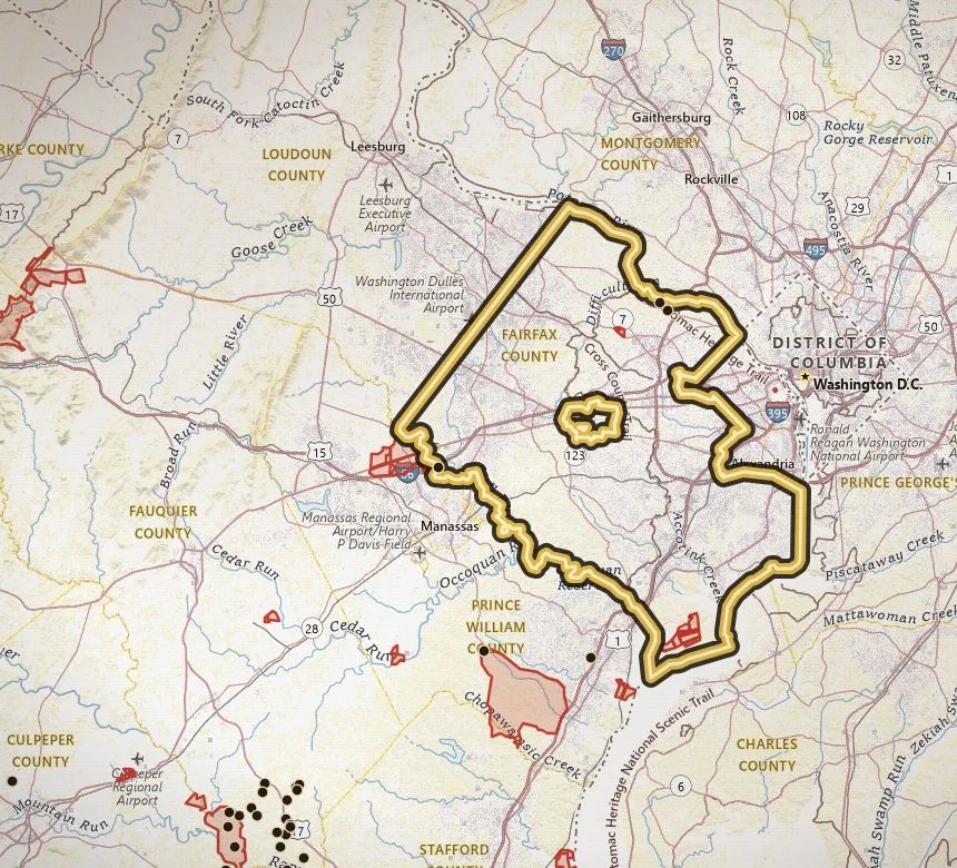 VaGoldMaps topo of Fairfax County, Virginia, with the county outlined in gold