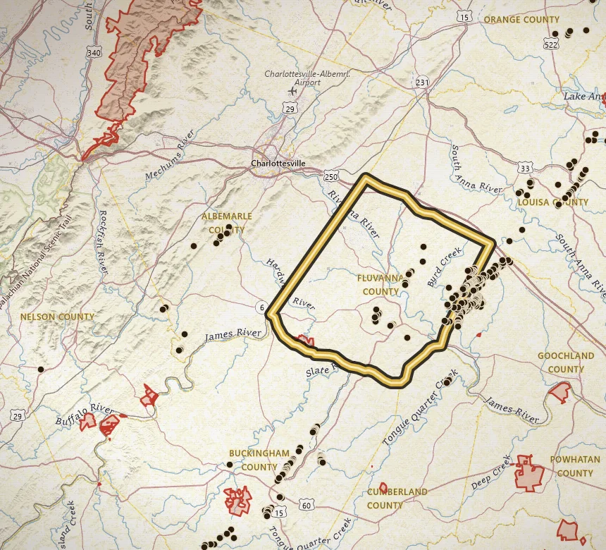 VaGoldMaps topo of Fluvanna County, Virginia, with the county outlined in gold and historic gold inventory pins