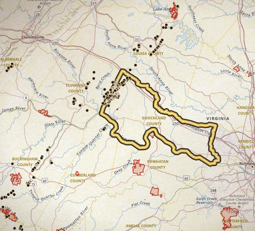 VaGoldMaps topo of Goochland County, Virginia, with the county outlined in gold and historic gold inventory pins