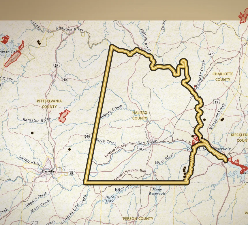 VaGoldMaps topo of Halifax County, Virginia, with the county outlined in gold and Virgilina inventory pins