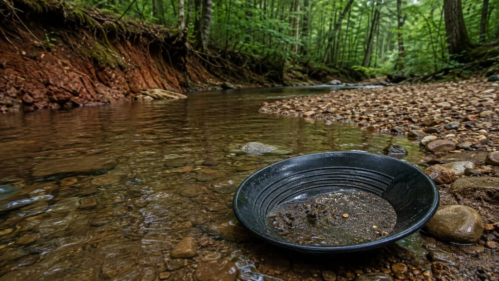 Black gold pan sitting in a shallow wooded Virginia creek, with gold flakes in dark sediment among river stones