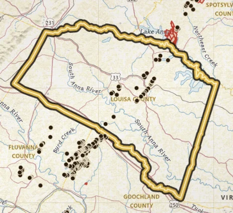 VaGoldMaps topo of Louisa County, Virginia, with the county outlined in gold and historic gold inventory pins