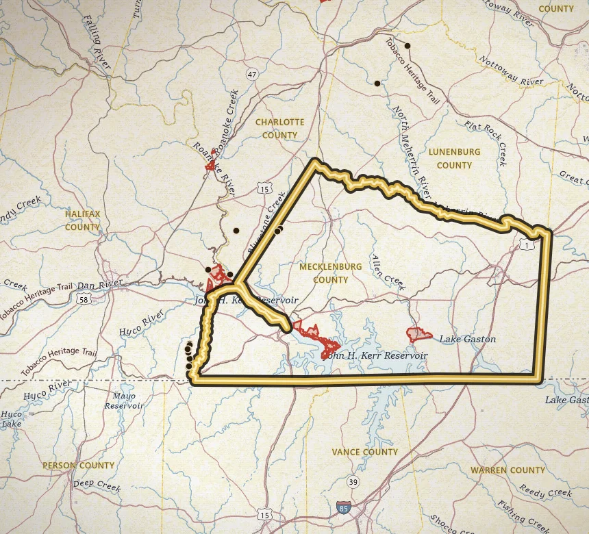 VaGoldMaps topo of Mecklenburg County, Virginia, with the county outlined in gold