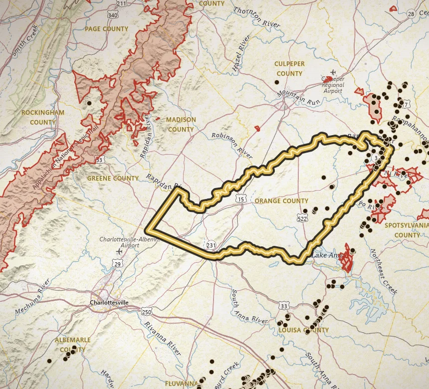 VaGoldMaps topo of Orange County, Virginia, with the county outlined in gold and historic gold inventory pins