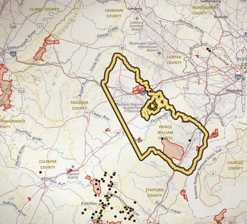 VaGoldMaps topo of Prince William County, Virginia, with the county outlined in gold