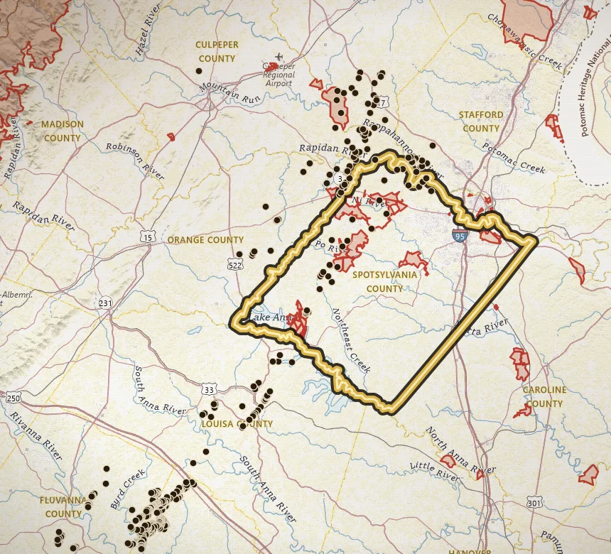 VaGoldMaps topo of Spotsylvania County, Virginia, with the county outlined in gold and historic gold inventory pins