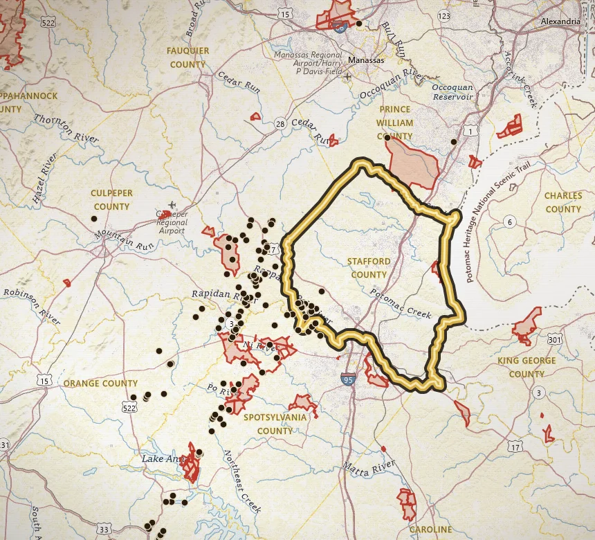 VaGoldMaps topo of Stafford County, Virginia, with the county outlined in gold and historic gold inventory pins