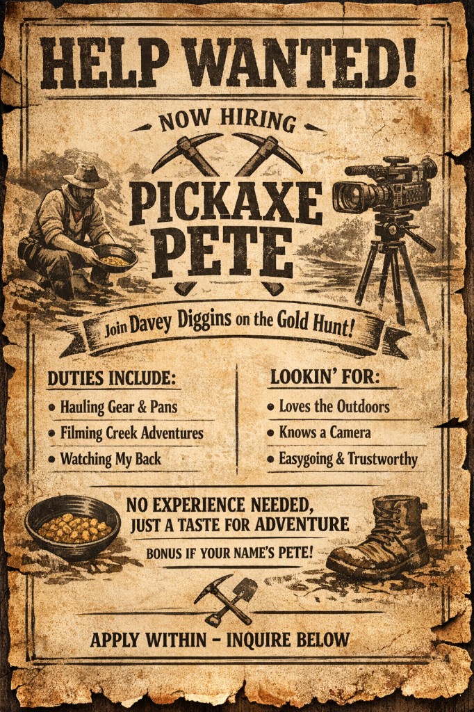 Help Wanted: Now Hiring Pickaxe Pete — Join Davey Diggins on the Gold Hunt. Duties: Hauling gear & pans, Filming creek adventures, Watching my back. Looking for: Loves the outdoors, Knows a camera, Easygoing & trustworthy. No experience needed, just a taste for adventure. Bonus if your name's Pete! Apply within — inquire below.