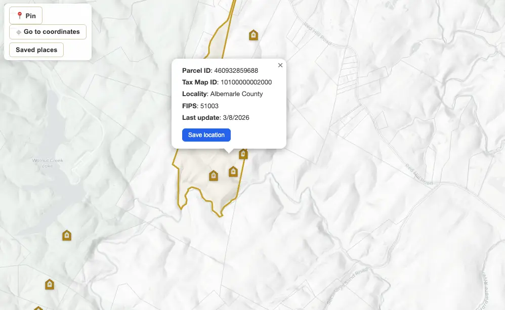 Virginia Gold research map on VAGoldMaps - historic mines, streams, and Gold-Pyrite Belt terrain across Virginia