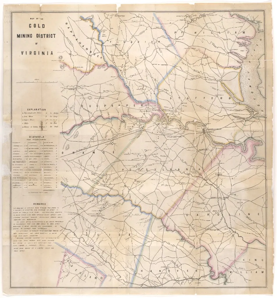 Historical illustration of gold mining in Virginia from the mid-1800s gold rush era